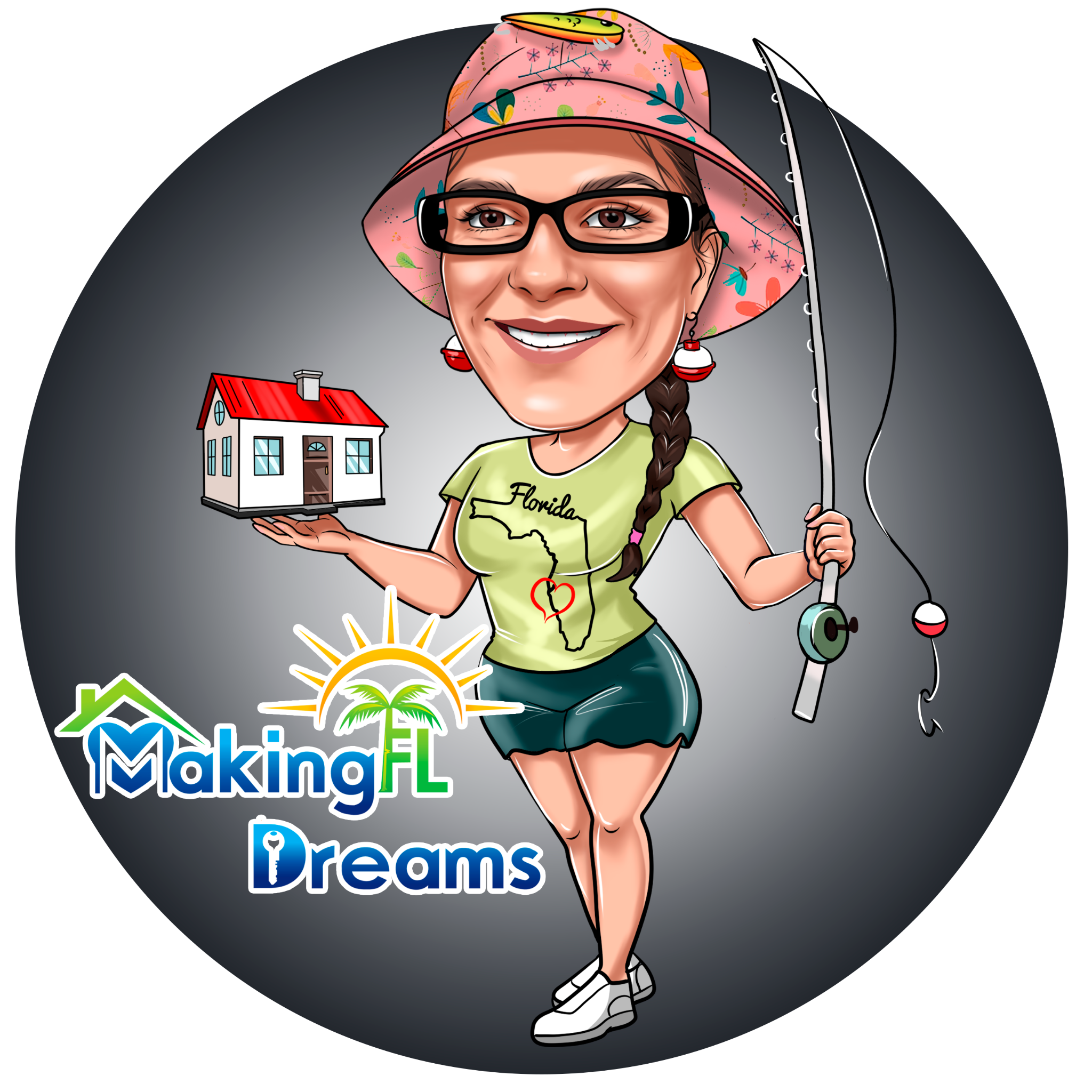 The Fishing Girl holding a Florida home and fishing rod